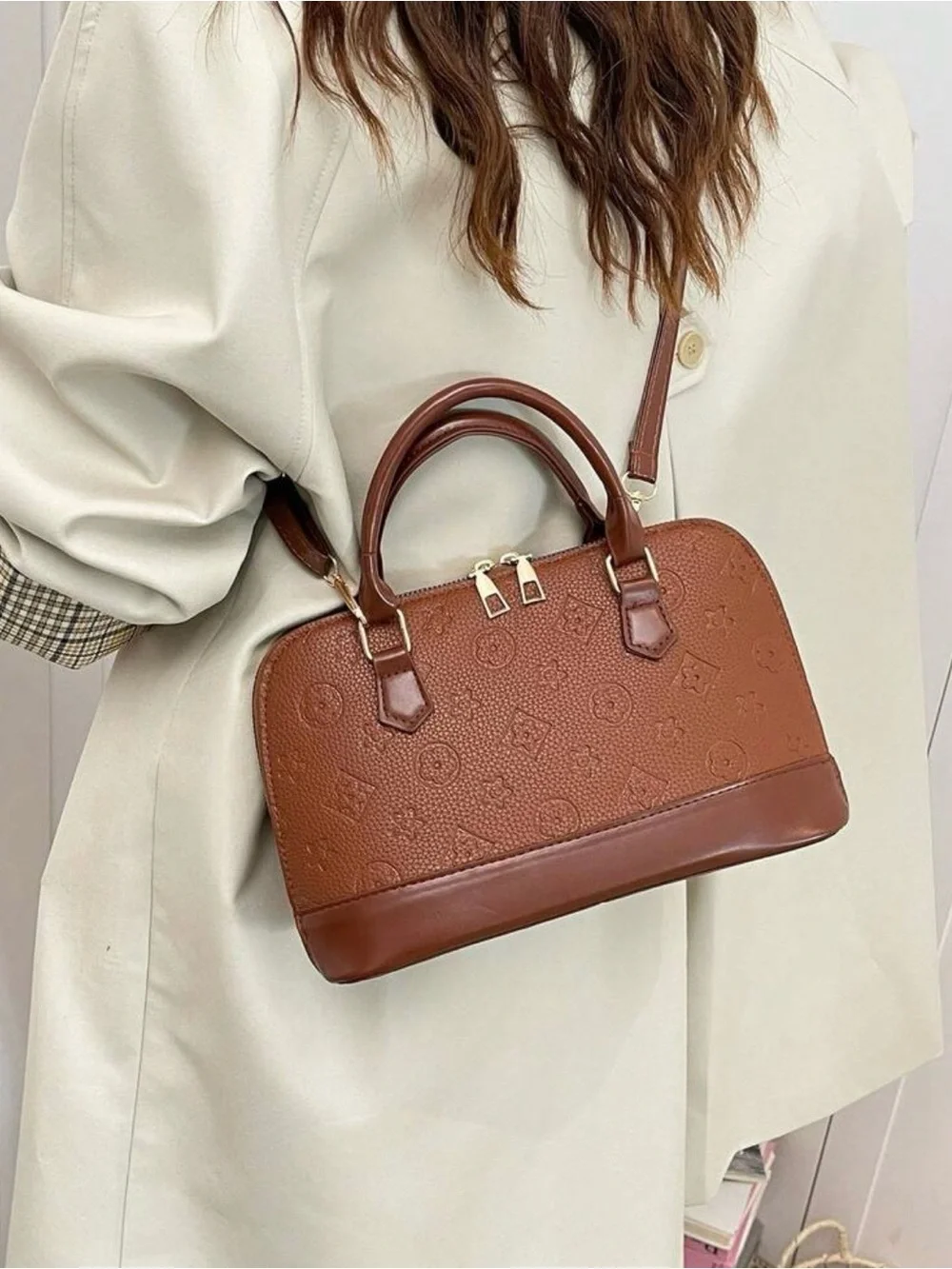 Brown Embossed Top-Handle Women's Medium Handbag Bag